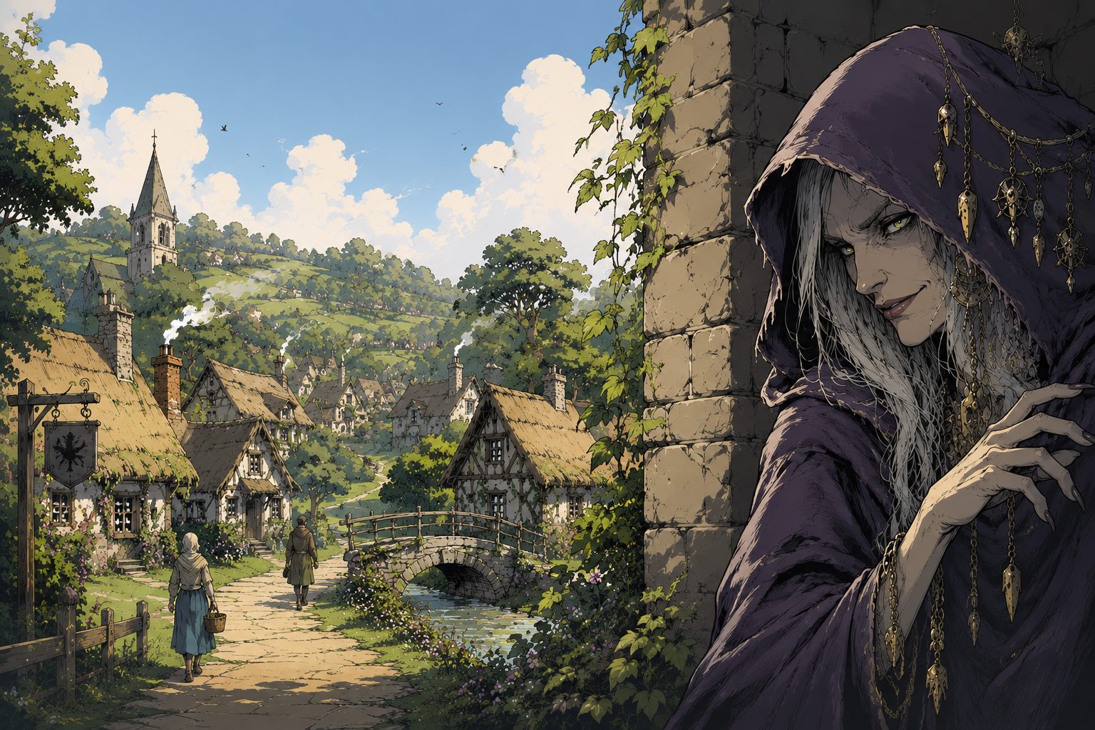 A hooded hag watching a sunlit village from behind a stone wall