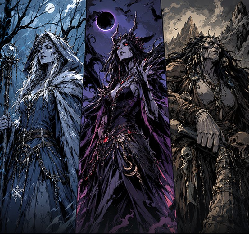 Three hags side by side: a Bheur Hag with a frost staff, a Night Hag under a black moon, and an Annis Hag before the mountains